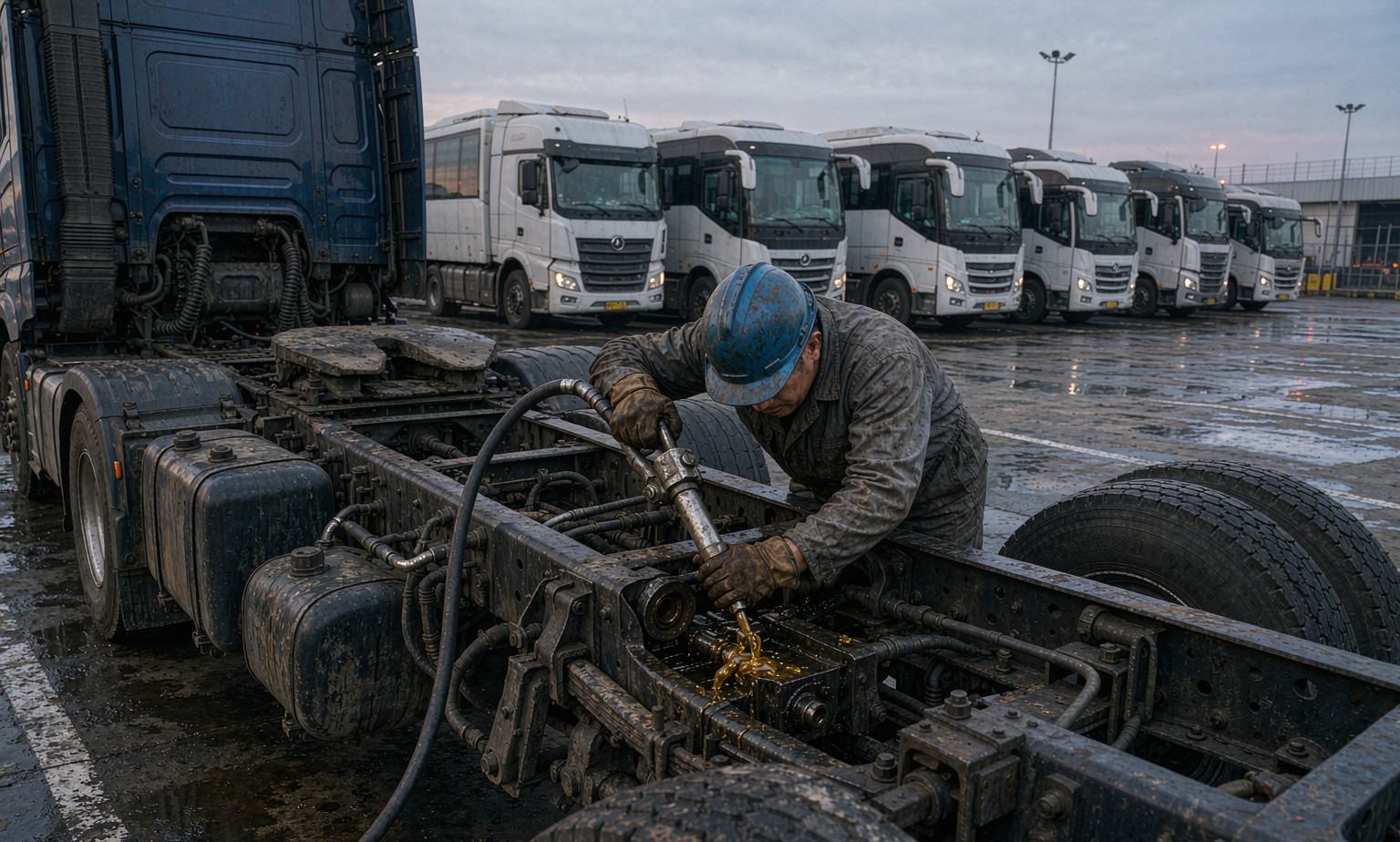 Truck fleet mechanic greasing chassis kingpin with grease gun