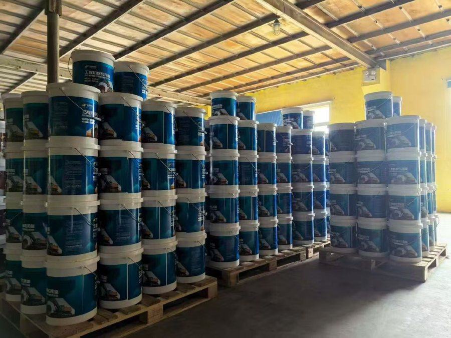 Blue private label pails in warehouse rows