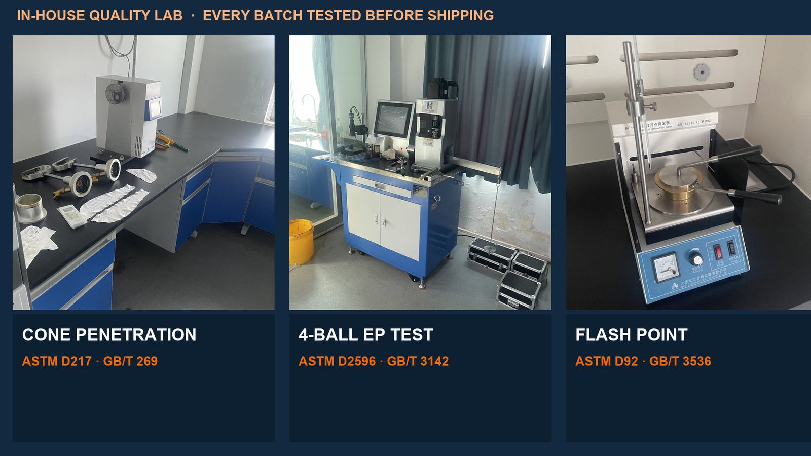 LLF Grease in-house quality lab — penetration, 4-ball EP and flash point test instruments with ASTM standards